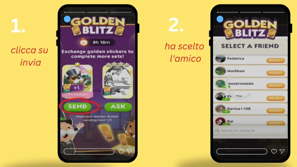 Il Prossimo Gloden Blitz Monopoly Go (Scambio Oro) 2025 2 Invia adesivi agli amici su Monopoly GO